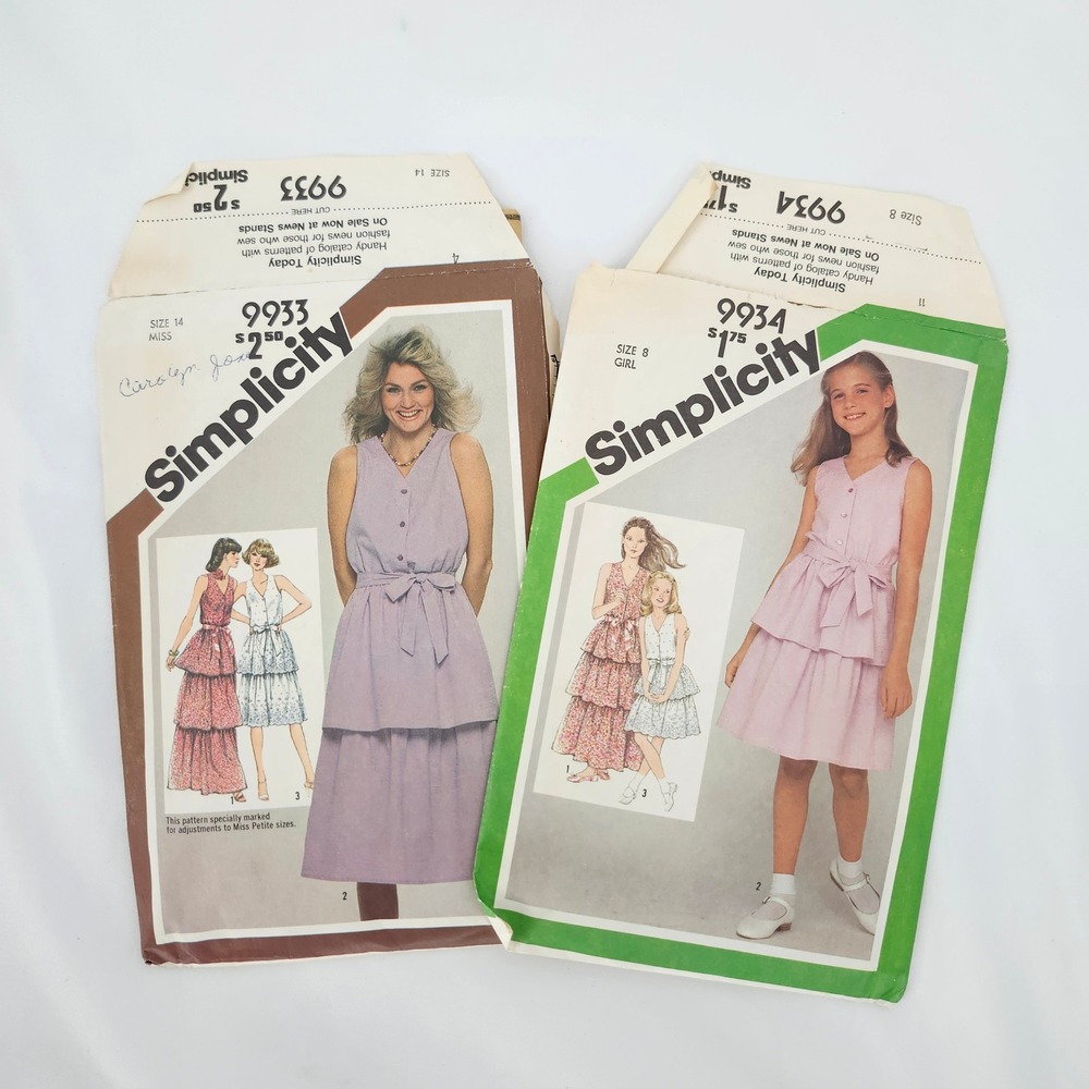 Simplicity Matching Misses Girls Tiered Dress Patterns  9933 9934 Vintage 1981
